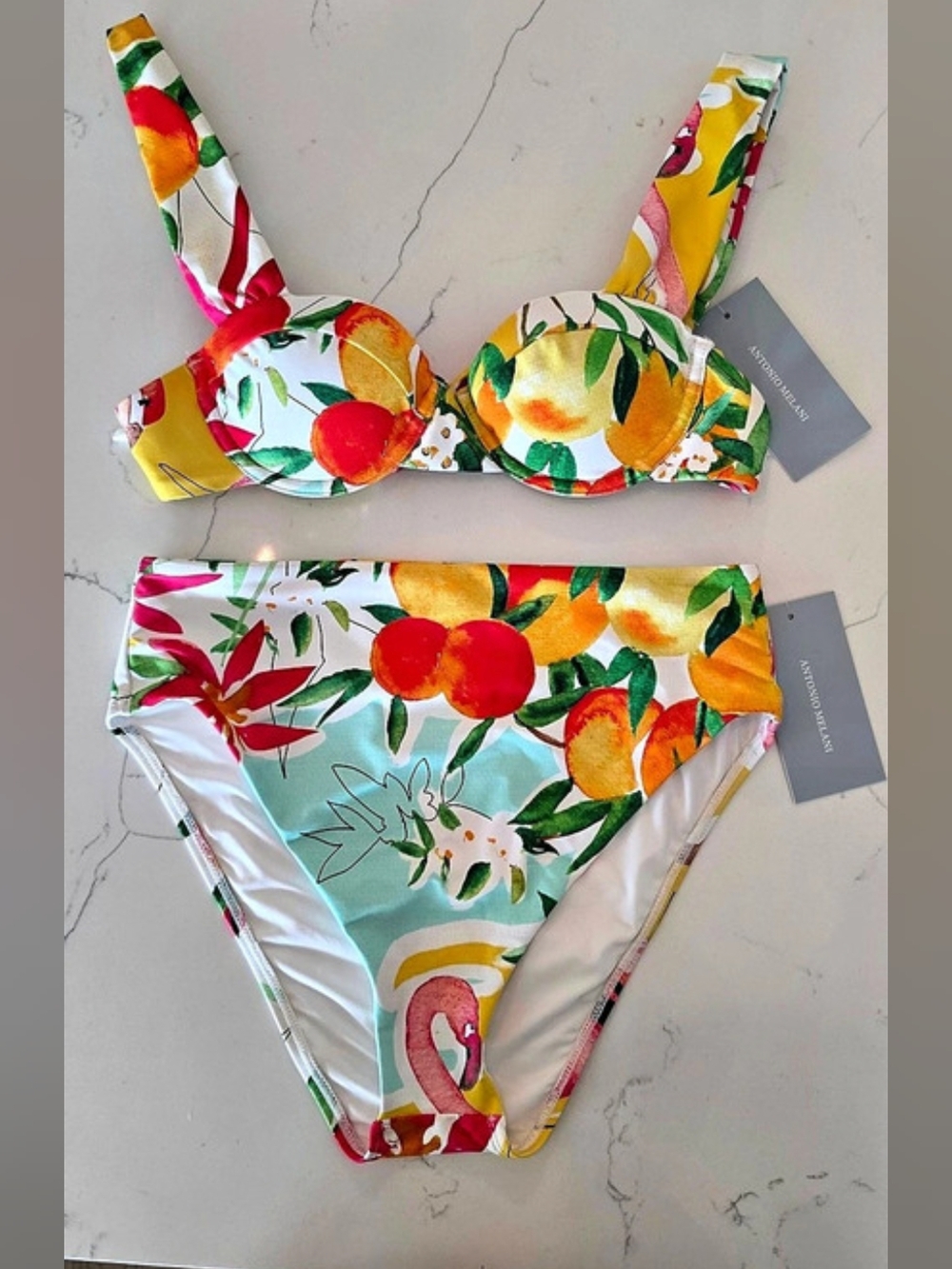 NWT Antonio Melani Flamingo Citrus Swim 2 Pc Bikini Women's Sz XS Top & S Bottom